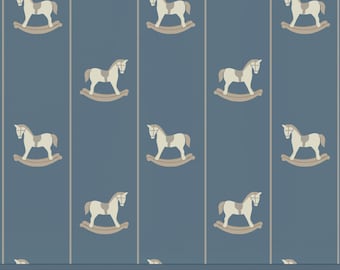 Rocking Horse Nursery Wallpaper | Blue and Beige with Stripes | Vintage Baby Boy Playroom