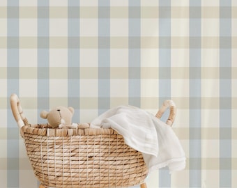 Blue and Beige Plaid Wallpaper | Modern Grid, Preppy, Grandmillennial | Coastal Nursery, Boy Bedroom, Playroom, Family Room