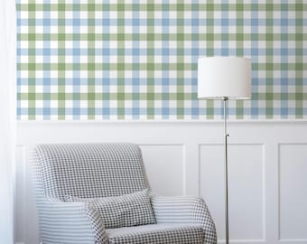 Blue and Green Gingham Plaid Wallpaper for Baby Boy Nursery, Boys Bedroom, Playroom | Preppy, Modern Geometric, Grandmillennial, Traditional