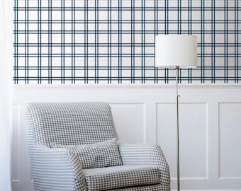 Dark Blue and White Plaid Wallpaper for Boys | Modern Preppy Grandmillennial | Bedroom, Nursery, Playroom, Dorm Room