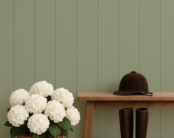 Green Stripe Wide Plank Wallpaper | Organic Modern, New Farmhouse, Heritage | Faux Paneling, Tongue and Groove, Vertical Shiplap