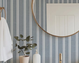 Muted Navy Blue and White Striped Wallpaper | Linen Texture, Beach House, Coastal Granny Chic, Nautical Nursery | Removable or Permanent
