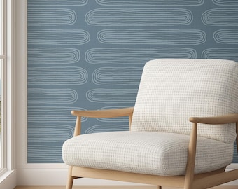 Coastal Blue Concentric Lines Wallpaper for Modern, Minimalist, Japandi Style Interiors | Removable or Permanent