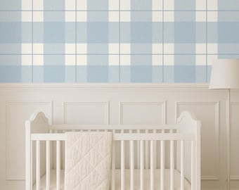 Large Plaid Wallpaper in Light Blue and Cream for Nursery Boy Bedroom | Grandmillennial Preppy Modern Farmhouse | Peel n Stick or Pre Pasted