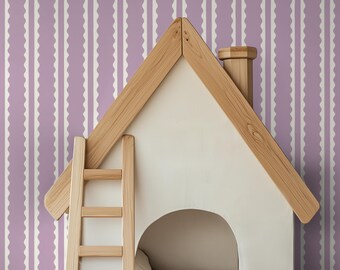 Purple Wavy Stripes Wallpaper for Girls Room, Baby Nursery | Whimsical, Cottagecore, Girly Dark Lavender and Light Cream