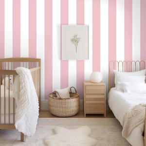 Large Pink and White Stripes Wallpaper Baby Girl Nursery Bedroom Playroom DIY Friendly Peel and Stick or Pre-Pasted Removable Wall Covering