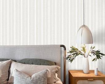Neutral Greige Thin Stripe Wallpaper | Coastal Grandmother, Organic Modern, Japandi, Heritage | Soft Grey and Light Cream with Linen Texture