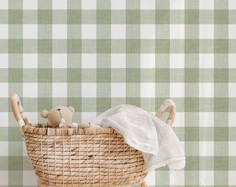 Green Gingham Wallpaper | Gender Neutral Baby Nursery, Plaid for Boys or Girls | Preppy, Grandmillennial, Country Cottage, Traditional