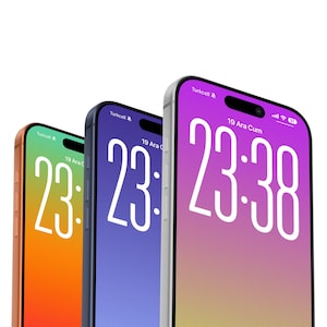 May include: Three smartphones with screens displaying the time 23:38. The phones have colorful gradient backgrounds in orange, blue, and purple. The phone on the right has a silver frame, while the others have colored frames.