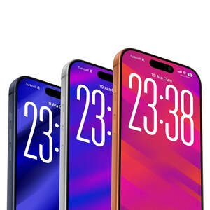 May include: Three smartphones with screens displaying the time 23:38. The phones have different colored frames: blue, silver, and copper. The screens show a gradient of colors, with the time in a large, bold font.