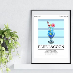 Blue Lagoon Cocktail Wall Art Cocina BarCart Decoración de moda Alcohol Arte Popular Descargar Cóctel Clásico Digital Minimalista Impresión de pared Retro