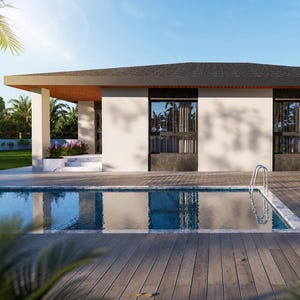 May include: A single-story house with cream-colored walls and dark gray accents featuring large rectangular windows. A rectangular swimming pool with a metal ladder sits in front of the house on a wooden deck surrounded by green bushes.
