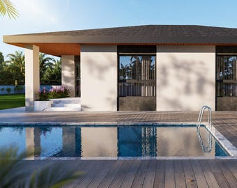May include: A single-story house with light-colored walls and dark trim features large windows and a flat roof. A rectangular swimming pool with a metal ladder sits in front of the house, surrounded by a wooden deck and manicured green bushes.