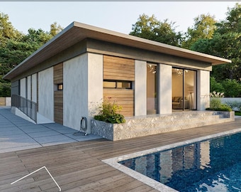 May include: A modern single-story house design with a flat roof, concrete and wood panel exterior walls, and large glass sliding doors. The structure features a side ramp with a metal railing, a stone-textured porch, and a wooden deck beside a pool.