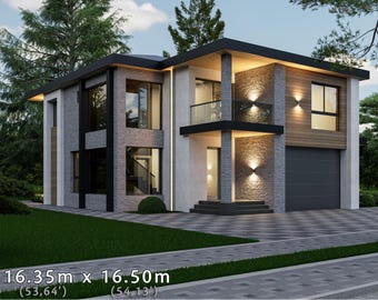 May include: A two-story modern house with gray brick and wood siding, featuring a flat roof, a balcony with a glass railing, and a garage. The structure measures 16.35m by 16.50m, which is equivalent to 53.64 feet by 54.13 feet, as indicated by text.