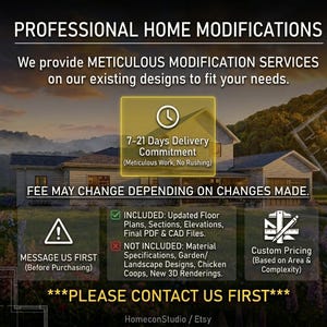 May include: An advertisement for professional home modifications. The image features a house illustration and text that reads "Professional Home Modifications." It highlights services, including updated floor plans and custom pricing. The text also states "Message us first" before purchasing.