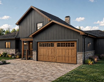May include: A two-story house with dark vertical siding and a stone base. The exterior features a double-wide wooden garage door with window panes, a covered entryway with a wooden porch, and a paved driveway leading to the front of the home.
