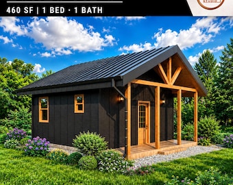 May include: A 20x23 ADU house plan featuring a black exterior with natural wood accents, a metal roof, and a covered porch. The design includes 460 square feet, one bedroom, and one bathroom. Includes PDF, DWG, Sketchup files, and a material list.