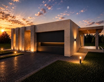 May include: A single-story house with a beige concrete facade, a large dark garage door, and integrated warm exterior lighting. The structure features vertical architectural pillars, a covered porch area, and a paved driveway at sunset.