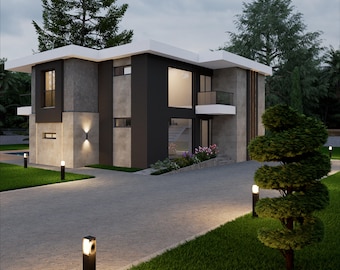 May include: A two-story modern house with a flat white roof, dark gray and light gray concrete exterior walls, large glass windows, and a small balcony. The exterior is illuminated by wall-mounted lights and path lights along a gray driveway.