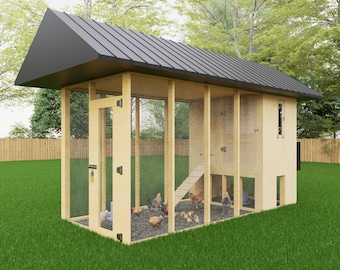 May include: A wooden chicken coop with a black metal roof, wire mesh sides, and a door. The coop is on a green lawn, and several chickens and chicks are inside.