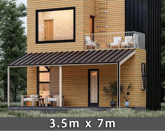 May include: A two-story modern house with horizontal light wood siding and a black metal accent wall. The structure features a ground-floor porch, a second-story balcony with white chairs, a metal ladder, and a sloped roof. Text reads 3.5m x 7m.