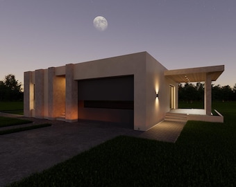 May include: A modern, single-story house with a flat roof and a large garage door. The house is painted a light beige color and has a small porch with a wooden roof. The house is lit up at night, and the moon is visible in the sky.