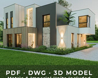 May include: A modern architectural rendering of a multi-level home with a flat roof. The exterior features a combination of white, gray, and wood paneling. The image includes the text "PDF • DWG • 3D MODEL Metric & Imperial Units Included."