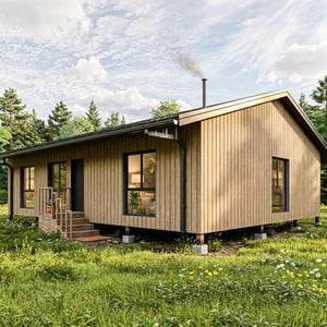 Op de afbeelding: Een gelijkvloers huis met lichtbruine verticale houten gevelbekleding, een donker metalen dak en een schoorsteen waar rook uit komt. De structuur heeft zwart omlijste ramen, een kleine houten veranda met treden en betonnen funderingsblokken.