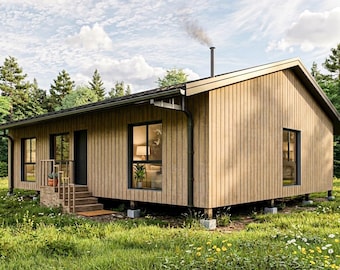 May include: A single-story house with light brown vertical wood siding, a dark metal roof, and a chimney emitting smoke. The structure features black-framed windows, a small wooden porch with steps, and is elevated on concrete block foundations.