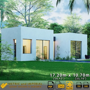 Op de afbeelding: Een moderne, witte, gelijkvloerse woning met grote ramen en een plat dak, gelegen op een groen gazon. De afmetingen zijn 17,20 m x 10,70 m (56,43' x 35,10'). De afbeelding toont tekst over metrische en imperiale versies.