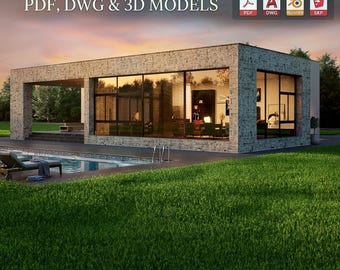 May include: A modern 3 bedroom house plan with pool, featuring large glass windows and stone walls. The text reads: MODERN 3 BEDROOM HOUSE PLAN with POOL, PDF, DWG & 3D MODELS, What's Included. Includes PDF, DWG, Blender, and SketchUp file icons.