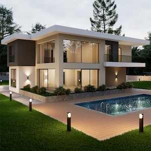Modern Villa Plan: 4 Bedroom, 3 Bath (CAD & 3D Model)