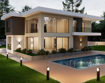Modern House Plan, Two Story House,Modern Villa 4 Bedroom, 3 Bathroom, With Original CAD File and 3D Model File (Metric & Imperial Units)