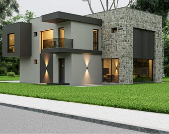 May include: A modern two-story house featuring a combination of smooth light gray walls, dark gray accents, and a textured stone facade. The structure includes a balcony with a glass railing, large windows, and exterior wall-mounted lighting fixtures.