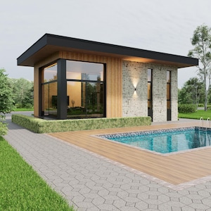 Modern Tiny Villa House Plan: 1 Bedroom, 690 sq ft (PDF + DWG)