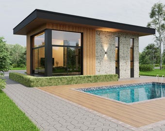 May include: A modern single-story structure with a flat black roof, featuring a combination of vertical wood slat siding and light-colored stone masonry. The building has large floor-to-ceiling glass windows and is situated next to a swimming pool.