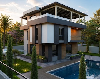 May include: A three-story modern house featuring a flat roof, a top-floor terrace, and a combination of white, dark gray, and wood-paneled exterior walls. The property includes a rectangular swimming pool, manicured lawn, and tall cypress trees.