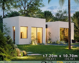 May include: A modern single-story house with white exterior walls and large glass windows, set in a green lawn with palm trees. The dimensions are 17.20m by 10.70m, which is 56.43 feet by 35.10 feet. File formats include PDF, DWG, BLEND, FBX, and DAE.