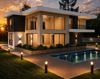 May include: A two-story modern house with large glass windows, a flat roof, and dark gray accents. The exterior features warm wall-mounted lighting, a wooden deck, and a rectangular swimming pool with a metal ladder, all set against a sunset sky.