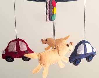 Baby Crib Mobile - Dogs chasing Cars // dog mobile // Labrador // golden retriever // car mobile // nursery // baby shower //gifts