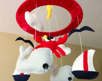 Baby Crib Mobile // Nautical Sailboat Whales and Crab Mobile // Fish Nursery Decor // Nautical Nursery Decor // Nautical Baby