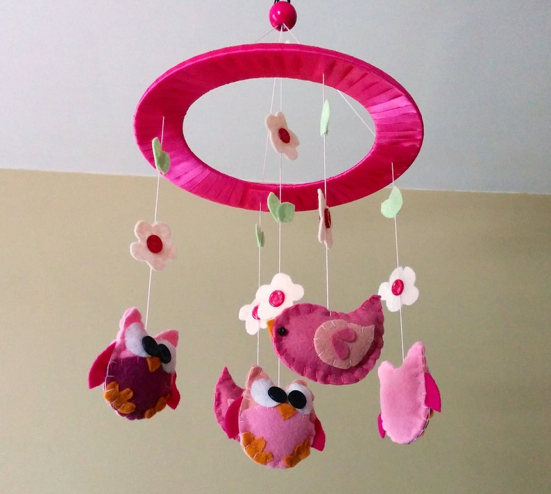 Baby Crib Mobile Owls And Birds Pink Owl And Bird Mobile Etsy