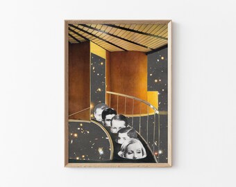 Peut inclure: Un collage de visages sur un escalier en colimaçon avec un fond de nuit étoilée. L'escalier est en métal et a une rampe dorée. Les visages regardent tous les étoiles.