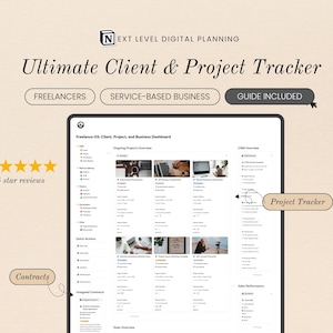 May include: A digital dashboard titled Ultimate Client & Project Tracker by Next Level Digital Planning. It features sections for ongoing projects, CRM, contracts, tasks, invoices, and clients, with labels pointing to specific tracking modules.
