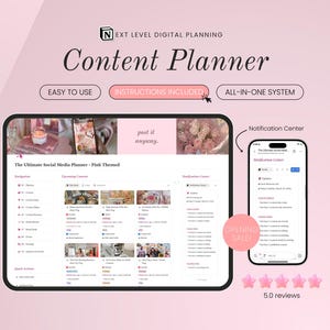 May include: A digital content planner with a pink theme, displayed on a tablet and smartphone. The tablet shows a detailed social media planner interface, while the phone displays a notification center. Text includes "Content Planner", "Easy to Use", and "Opening Sale!"