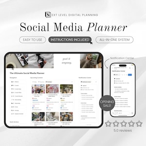 May include: A digital social media planner displayed on a tablet and smartphone. The tablet shows a planner interface with navigation and content sections. The smartphone displays a notification center. Text includes "Social Media Planner" and "Opening Sale!"