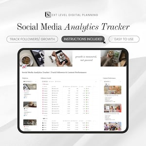 May include: A digital planning template titled "Social Media Analytics Tracker" with the text "Track Followers/Growth", "Instructions Included", and "Easy to Use". The image includes a tablet displaying social media analytics data and the phrase "growth is measured, not guessed".