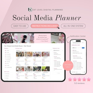 May include: A pink digital planner titled "Social Media Planner" with the text "Easy to Use", "Instructions Included", and "All-in-One System". The planner is displayed on a tablet and a smartphone, with a pink background and 5 pink stars.