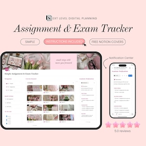 May include: A digital assignment and exam tracker displayed on a tablet and smartphone. The tablet shows a planner interface with images and text. The smartphone displays a notification centre. The image includes the text "Assignment & Exam Tracker".